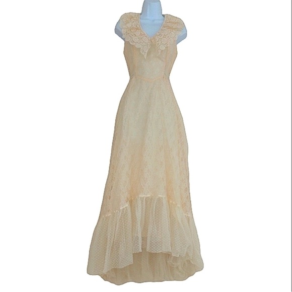 Vintage champagne white victorian lace wrap tulle prairie chiffon dress xs-s - Picture 2 of 3